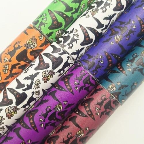Onefly Wholesales Dropshipping Leather Supplier Halloween Witches Hats Cats Printed Faux Leather Sheets For Bow DIY FZ165