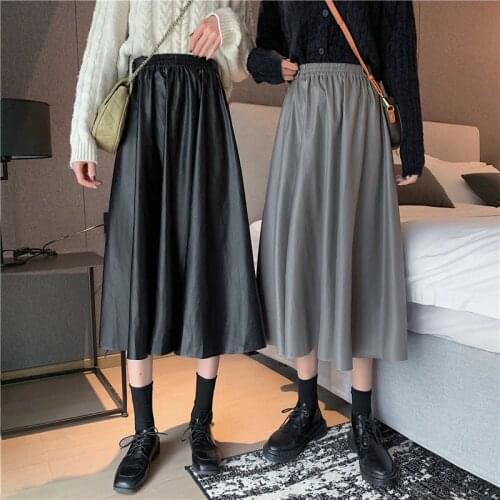 Autumn Winter Ladies Long Skirt Faux Leather Skirt Fashion Elastic Waist Big Swing A-line Skirt Sweet Student Leather SkirtGD547