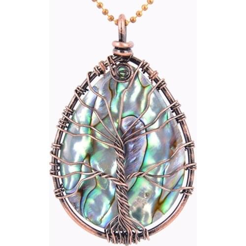 Natural Stone Water Drop Abalone Shell Pendant Necklace Charm Copper Line Wrapped Tree of Life Female Fashion Jewelry D543a