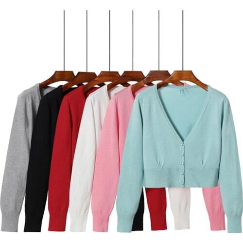 Queechalle 2020 Autumn Short Cardigans Women V neck Long Sleeve Knitted Cardigan Sweaters Ladys Solid Casual Sweater Coat Tops
