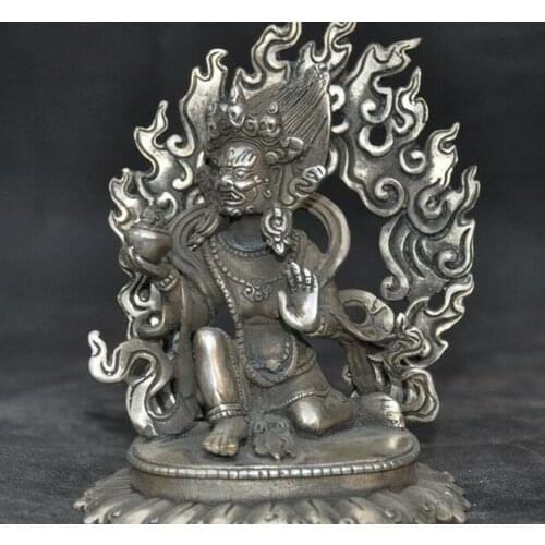 Old Tibet Buddhism temple Silver Exorcism Mahakala Wrathful Deity Buddha Statue