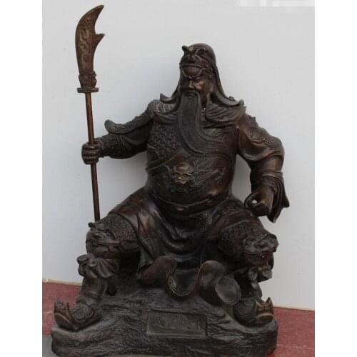 17" Chinese Bronze Seat Guan Gong Yu Warrior God Guan gong Hold Sword Statue