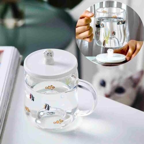 Cartoon Cat Glass Cup with Lid and Coaster Creative Coffee Mug Lid Floating Wine Glass Transparent Easy Juice Mugs Home Decor