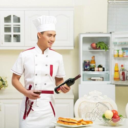 Short Sleeve Chef Uniform Stand Collar Shrink Resistant Cotton Kichen Black Chef Jacket Uniform Cook Baker Clothes B-5956