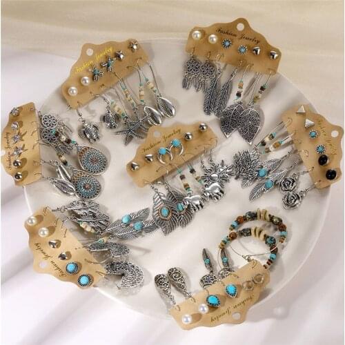 Vintage Silver Color Leaf Elephant Moon Pearl Earrings Set Women Round Circle Wood Beads Feather Dangle Earrings Ethnic Jewelry