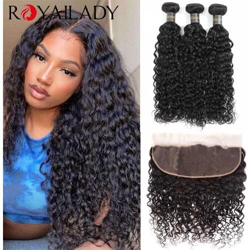 Royal Lady Water Wave Hair Bundles With Frontal Brazilian Human Hair 3 Bundles with Frontal 13x4 Lace Part Remy Hair Extensions
