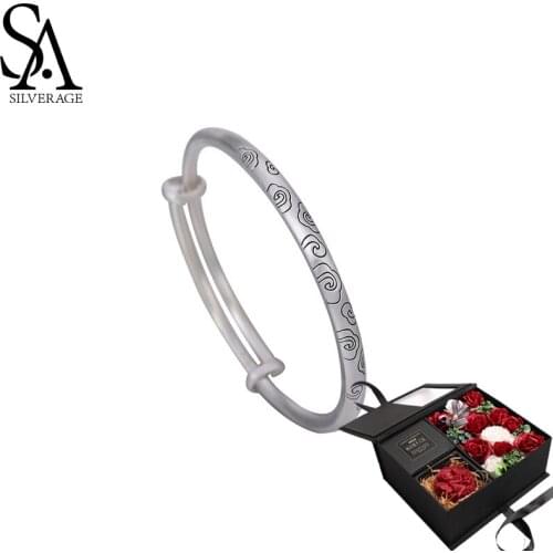 SA SILVERAGE 999 Silver Retro Simple Bracelet Female Chinese Style Sterling Bracelet Push-pull Solid Frosted for Parents Jewelry
