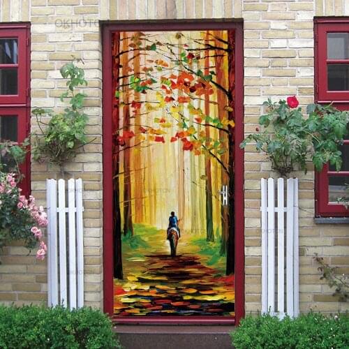 Abstract Art Door Sticker Boy On Horse Oil Painting Print On Sticker Bedroom Decoration Wallpaper PVC Mural 3D Print Decal Gift
