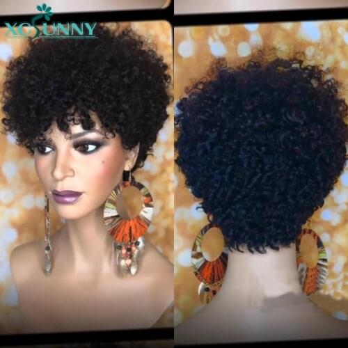 Afro Kinky Curly Wig Human Hair Wigs With Bangs 10" 200% Full Machine Made Wig Remy Mongolian Short Bob Wig For Women Xcsunny