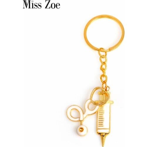 Miss Zoe Golden Syringe Stethoscope Keychain Key Chain Keyring Doctor Nurse Physicians Medical Student Graduation Gift Jewelry