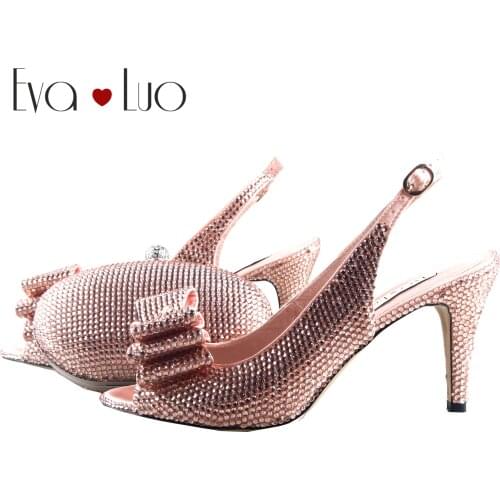 BS1094 Custom Handmade Peach Crystal Bow Shoes with Matching Bags Set Slingbacks Block Heel Women Bridal wedding Shoes