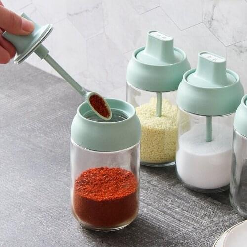 Household Reuseable Glass Seal Seasoning Jar For Spice Condiment Sugar Chili Salt Pepper With Spoon Lid Label Kitchen Storage