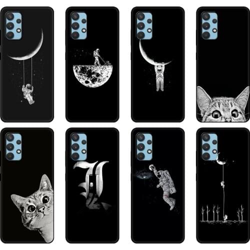 Black tpu Case For Samsung galaxy A32 A42 A52 A72 4g 5g S21 PLUS ultra back cover Space Moon Cute Cats black