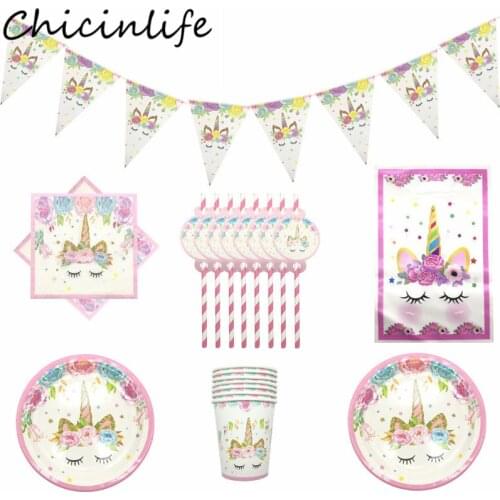 Chicinlife Unicorn Party Disposable Tableware Sets Kids Birthday Paper Plates Cups Napkins Baby Shower Birthday Party Supplies