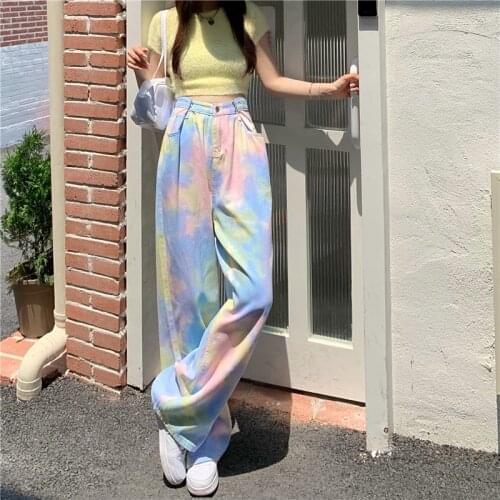 Tie Dye Harajuku Jeans Women Straight Wide Leg Pants High Waist Loose Buckle Denim Trousers Y2k Grunge Clothes Female Outfits