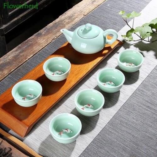 Ceramic Porcelain Kung Fu Tea Set Teaware Tea Set of 6 Celadon Small Fish Cup Carp Tea Set Tea Pot and Tea Cup