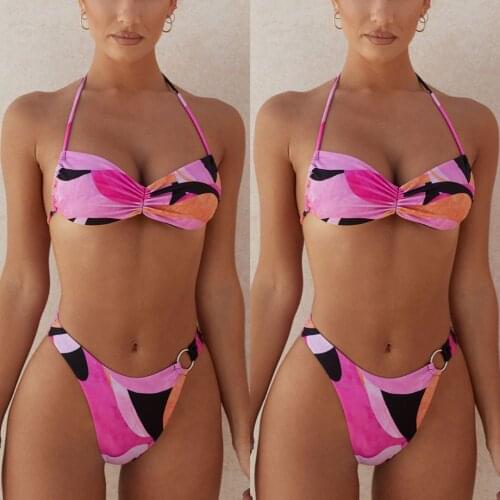 Geometric Floral Two Piece Halter Swimwear Women Split Lace Up Bikini Set Beach Swimsuit Padded Bra Panties Biquini Bathing Suit