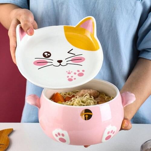Kawaii Cat Ramen Bowl With Chopsticks Lid Spoon Plate Ceramic Cute Kitchen Salad Fruit Instant Noodle Rice Large Bowl Tableware