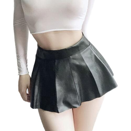 Sexy Women Zipper Open Gothic Black Pleated Skirt PU Faux Leather A-Line Ruffled MINI Skirt Club Sexy Stage Wear Plus Size F13