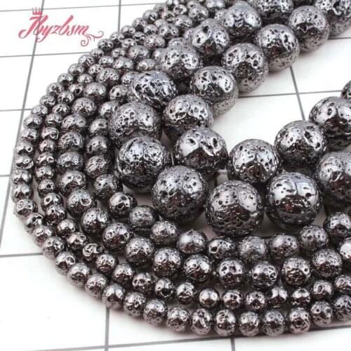 Natural Rock Lava Round Black Plated 6/8/10/12mm Stone Beads For DIY Necklace Bracelats Jewelry Making Loose 15" Free Shipping