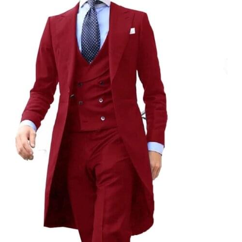 2021 New Arrivel Long Coat Designs Chinese Red Men Suit Gentle mens Tuxedo Prom Blazer Custom 3 Pieces (Jacket+vest+Pants)