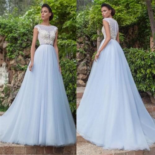 Scoop Cap Shoulder A-Line Wedding Dresses Lace Appliques Beading Soft Light Blue Bride Dress Spring Custom For Ladies