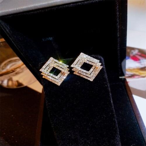 Milangirl Simple Popular Golden Dazzling Rhinestones Rhombus Square Geometric Stud Earring for Women Girls Clear Crystal Jewelry
