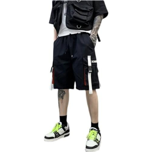 Cotton Cargo Shorts Men Black Ribbons Mens Casual Knee Length Pants High Street Wild Shorts Male Streetwear 2021 New