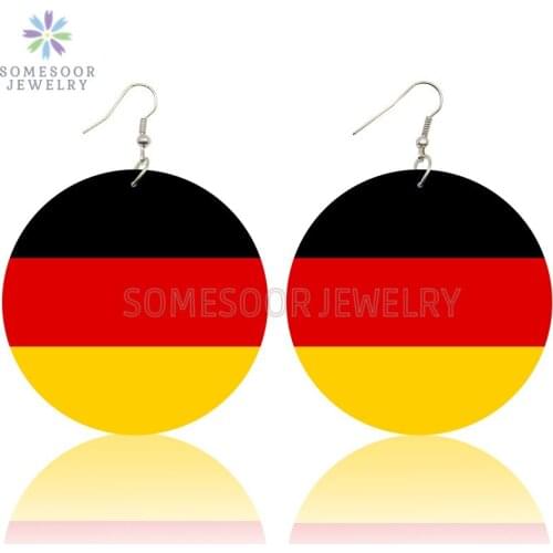 SOMESOOR Black Yellow Red Colors Gemany National Flag Wooden Drop Earrings Both Sides Printed Patriotic Design Women Wood Loops