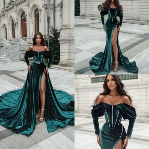 Dark Green Velvet Prom Dress With Detachable Train Off The Shoulder Beaded African Plus Size Women Party Dress Evening Gowns