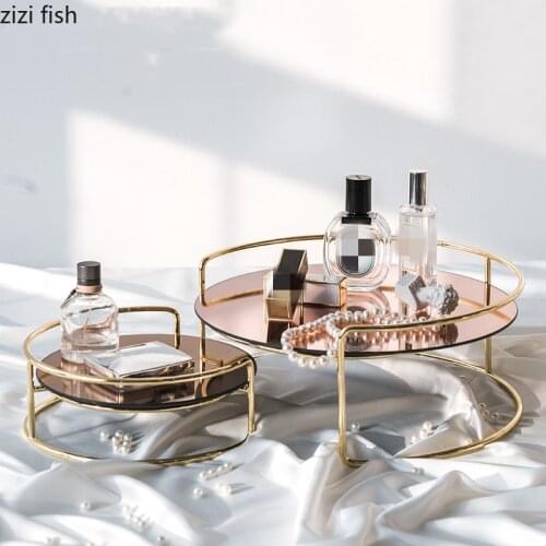 Iron Art Glass Storage Rack Cosmetic Storage Box Desktop Organizer Lipstick Holder Facial Mask Holder Golden Metal Mirror Tray