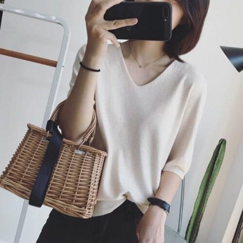 Summer New Korean Women T-shirt Simple V-neck Loose Solid Casual Basic T-shirts Sweater Crop Top Femme Middle Sleeve/long Sleeve