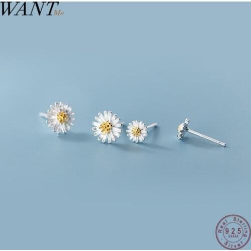 WANTME Genuine 100% 925 Sterling Silver Cute Sweet Little Daisy Chrysanthemum Studs Earrings for Women Femme Party Fine Jewelry