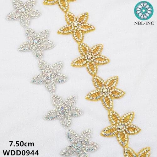 10 yards )Bridal star shape gold AB crystal Rhinestone Applique Trim iron on for wedding dress rhinestone applique belt WDD0944