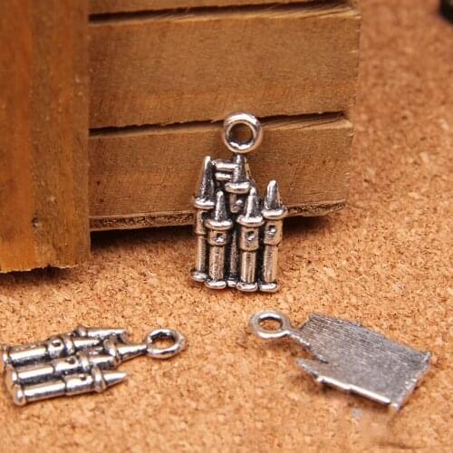 High Quality 50 Pieces/Lot 10mm*20mm Antique Silver Plated Alloy Metal Tower Castle Charms For Jewelry Making