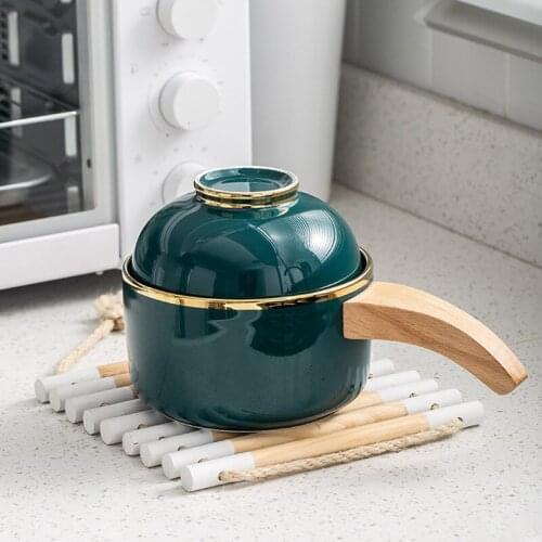 Glazed Ceramic Instant Noodles Bowl With Wooden Handle Household tableware Set With Cover Solid Large Capacity Bowl Cup ZH612