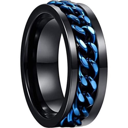 Mens 8mm tungsten carbide ring Black Tungsten steel Ring with Blue Rotatable Chain Inlaid Comfort Fit Size 6-12