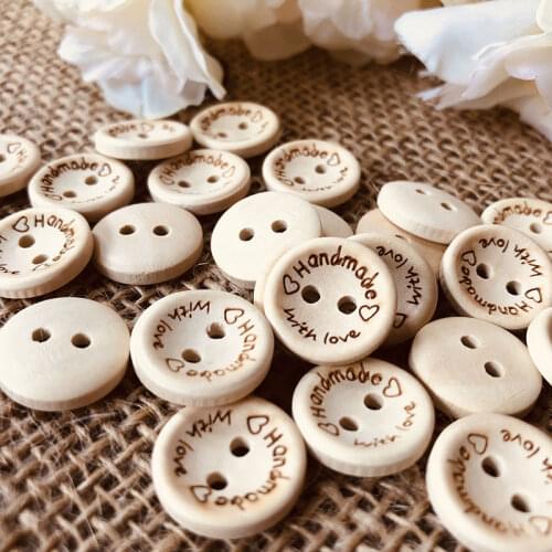 100pcs Round Wood Button Handmade With Love, Sewing Scrap booking Card Making Natural Wood Embellishments Supply