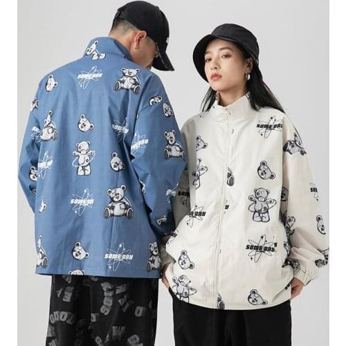 2021 New Arrival Men Cute Cartoon Printing Lovers Stand Collar Coat Student Loose Casual Garment Hip Hop Streetwear