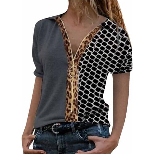 Zipper Patchwork Fashion Women Blouses Casual Printing Short-sleeve Tunic Tops 3xl Plus Size Summer Womens Shirt Женская Одежда