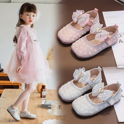 2021 autumn new childrens shoes princess shoes Rhinestone Pearl bow princess shoes girls' small leather shoes