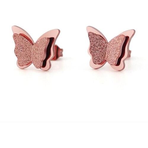 New Design Fashion Double-layer Matte Butterfly Stud Earrings Titanium Steel Rose Gold Color Wedding Earrings For Women JE17030