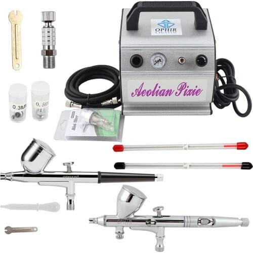 OPHIR 0.2mm 0.3mm 0.5mm Dual Action Airbrush Kit with Air Compressor for Temporary Tattoo/Cake Decorating/Nail Art_AC088+004+070