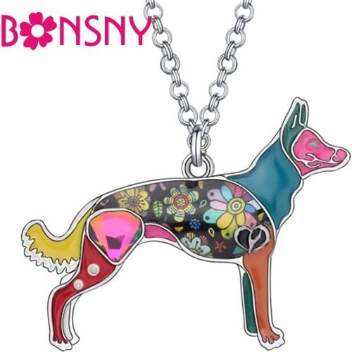 Bonsny Enamel Alloy Belgian Shepherd Dog Necklace Standing Animal Pendant Chain Choker Jewelry For Women Girls Gifts Accessories