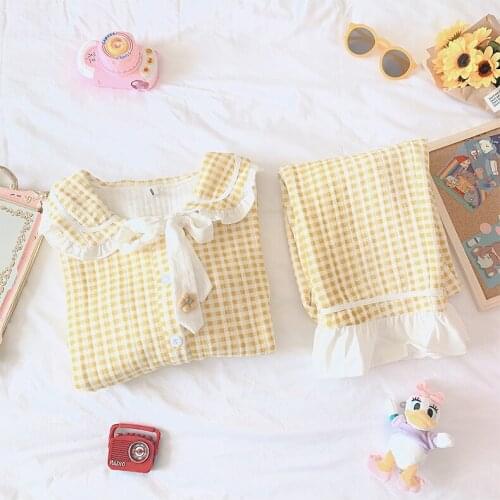 Quilted postpartum breastfeeding pregnant women pajamas autumn and winter plaid style bowknot pure cotton maternal home service