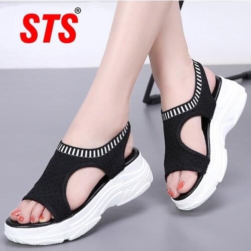 STS Womens Casual Shoes Sandals Peep Toe Breathable Mesh Light Soft Platform Walking Outdoor Thick bottom Increase Plus Size