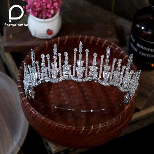 Parmalanbe Sparkling Plated Crystal Bridal Tiaras Wedding Zircon Pageant Crown Hairbands For Women Bride Hair Jewelry Headpiece
