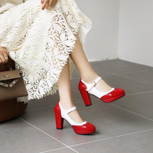 Spring High Heels Shoes Women Mary Janes Shoes Patent Leather Med Heel Pumps Buckle Square Toe Ladies Shoes Red Plus Size 33-43