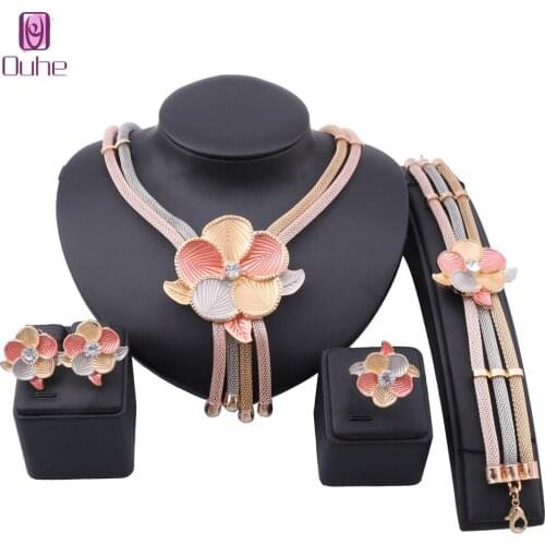 African Dubai Gold color Flower Crystal Jewelry sets for women Bridal party Necklace Earrings Ring Bracelet gifts Set