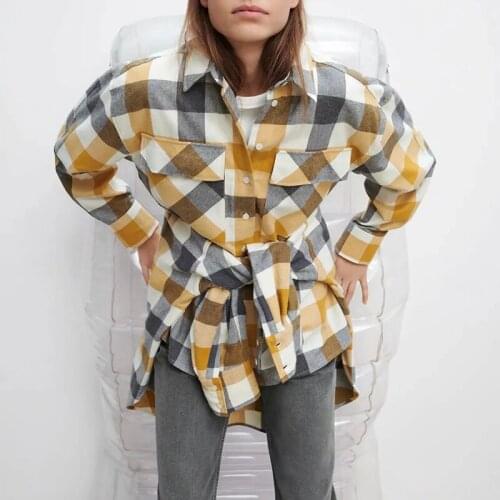 Ladies loose yellow shirt long-sleeved plaid printed blouse casual sports top